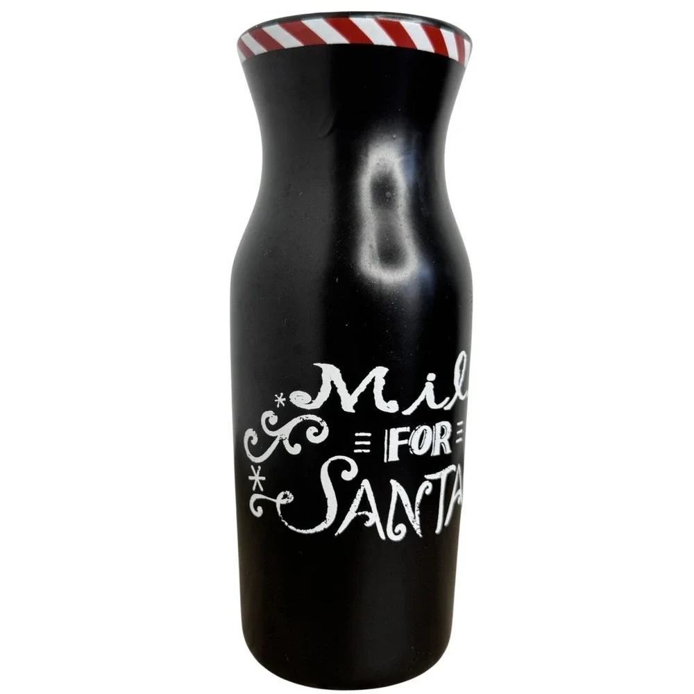 Milk for Santa Christmas Ceramic Bottle Matte Black Peppermint Stripe Rim Decor